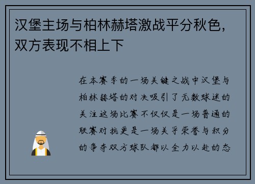 汉堡主场与柏林赫塔激战平分秋色，双方表现不相上下